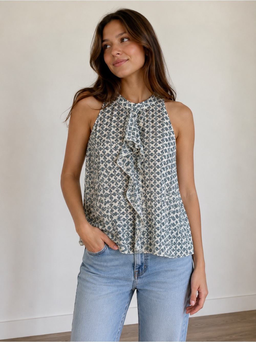 TORY BURCH SILK PRINTED SLEEVELESS BLOUSE